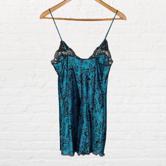 VINTAGE | 1980’s Vanity Fair Teal Black Lace Intimates Slip Dress & Robe Set - Picture 6 of 11